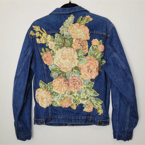 LEVI'S Floral Painted Patch Denim Jean Jacket Pockets Preppy Upcycled Size M - Picture 10 of 16